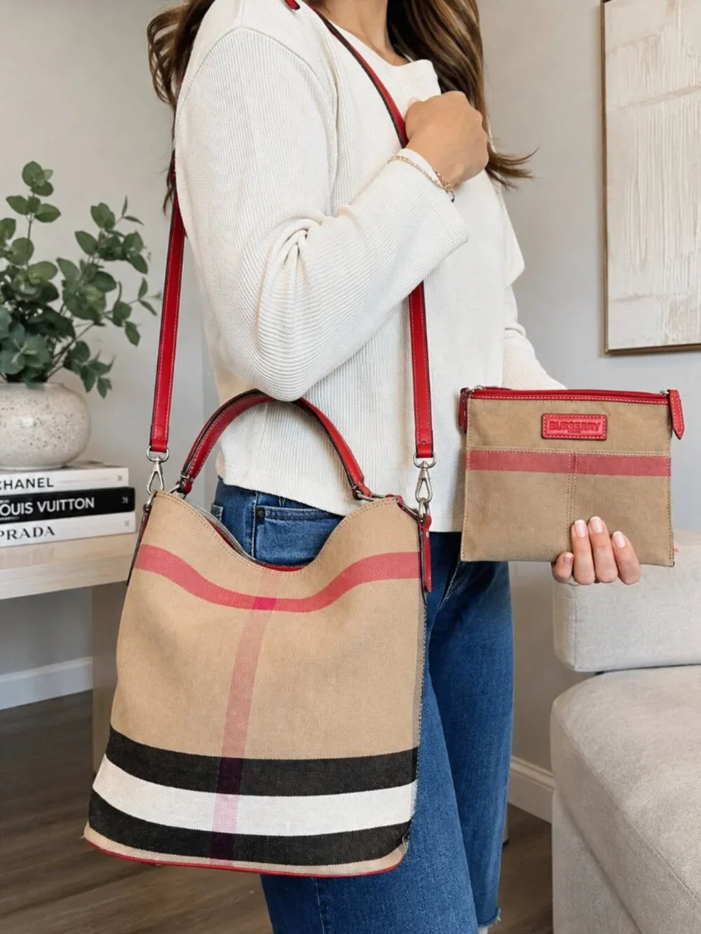 Burberry Ashby Check Canvas Bucket Bag Red Leather SHW + Pouch & Strap